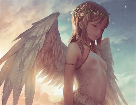 Angel Girl Wings Closed Eyes Blonde Feathers White Dress Anime
