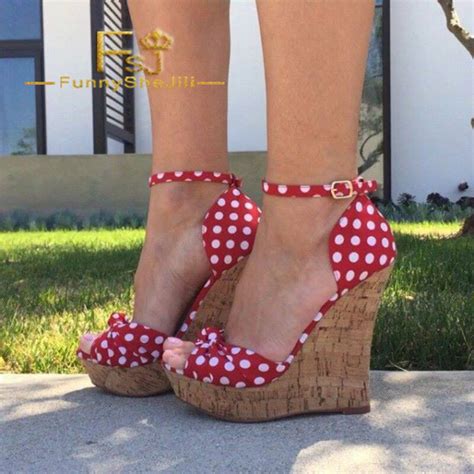 Buy Red And White Polka Dots Cork Wedges Peep Toe