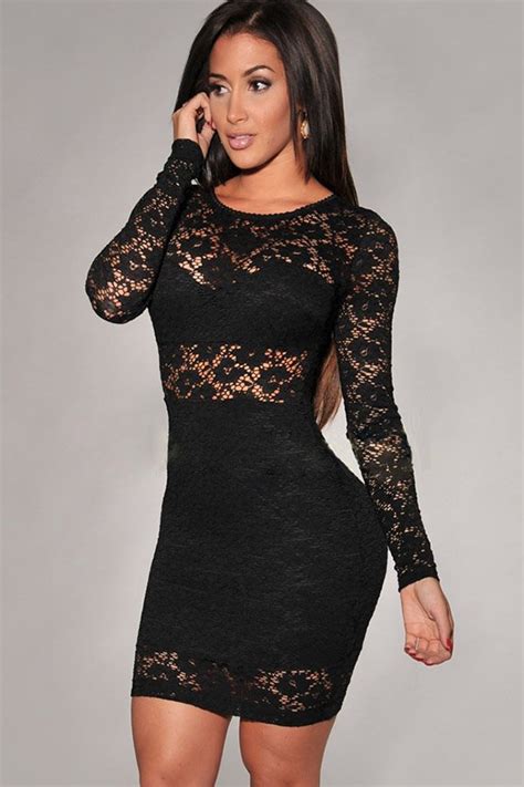 Black Long Sleeve Lace Dress With O Neck And Bodycon Design