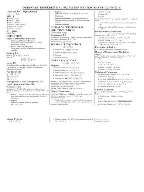 ode cheat sheet ordinary differential equation equations