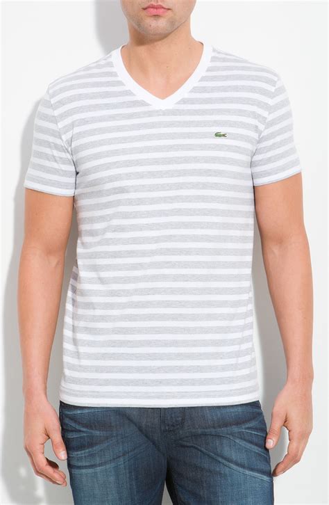 Lacoste Stripe V Neck T Shirt In Gray For Men White Grey Lyst