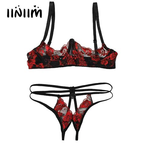 2pcs womens erotic embroidery lace lingerie set bare exposed breasts
