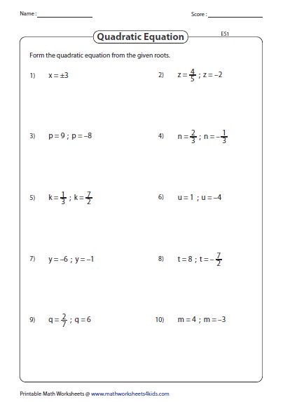 solving quadratic equations  complex solutions worksheet  sara