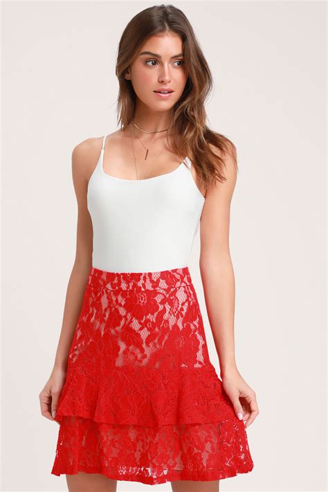 cute red skirt red lace skirt red lace mini skirt lulus
