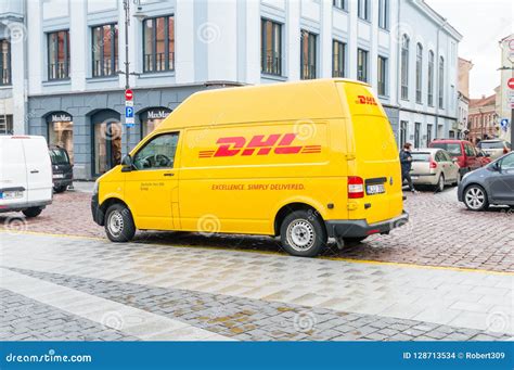 yellow dhl car   road editorial stock image image  transport mail