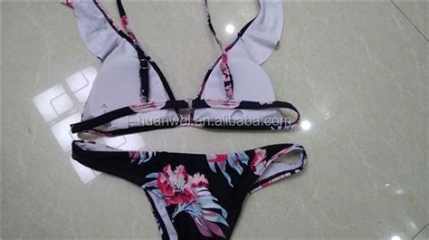 custom brazil v neck printing ruffle sexy bikini mature woman swimwear