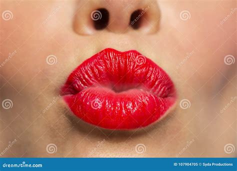 woman lips with red lipstick making kiss stock image image of