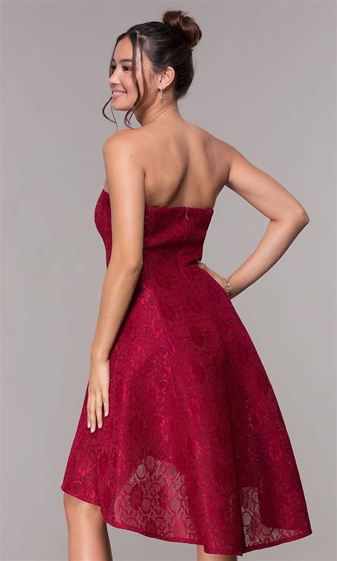 High Low Strapless Wedding Guest Red Lace Party Dress