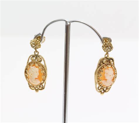 Cameo Drop Earrings 14k Yellow Gold Shell Vintage Carved Dangle
