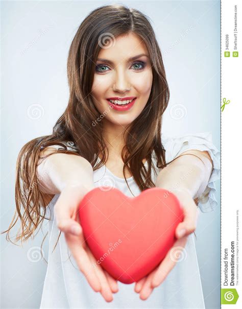 red heart love symbol portrait of beautiful woman hold valent stock image image of isolated