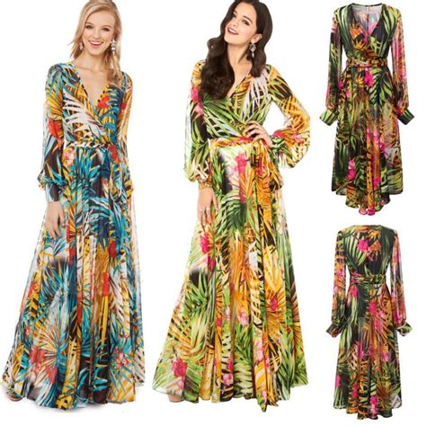 Hot V Neck Long Sleeve Bohemian Chiffon Floral Print Dresses Women