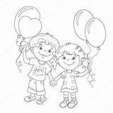 Balloons Outline Coloring Girls Cartoon Stock Illustration Holding Kids Children Depositphotos Vector Hands sketch template