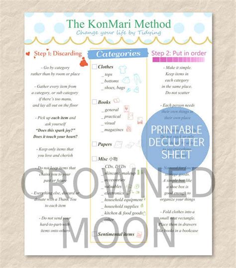 printable konmari method sheet home declutter sheet etsy konmari