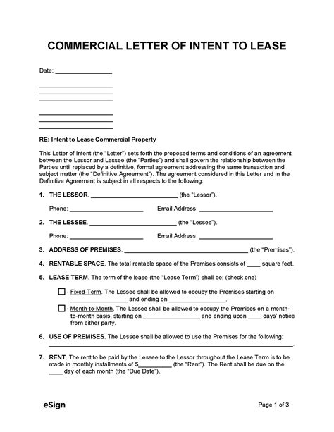 commercial letter  intent  lease  word
