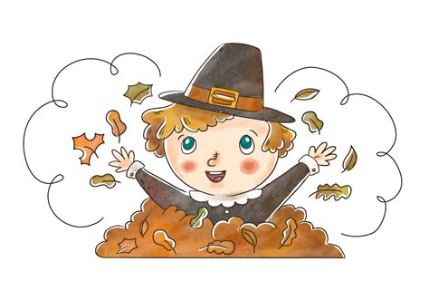 cute pilgrim kid playing  autumn leaves  thanksgiving vector