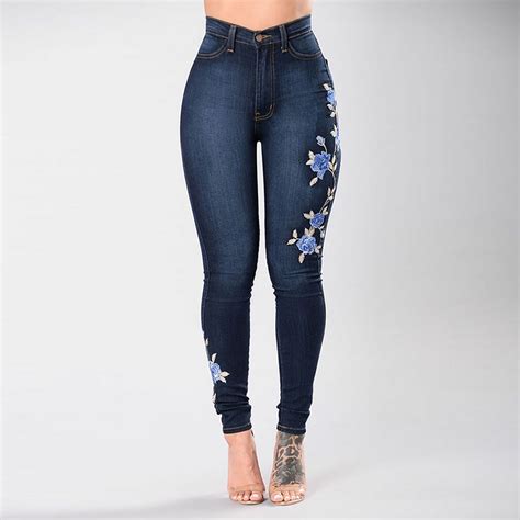 New Lady S Skinny Jeans Women Blue Rose Embroidered Jeans