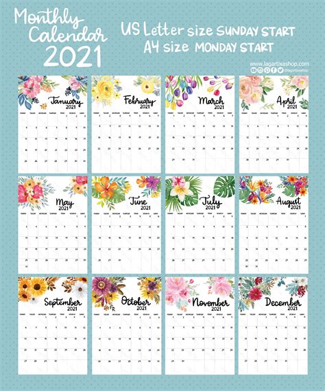 Calendario Imprimible 2021 Con Flores En Acuarela Pintadas A Etsy