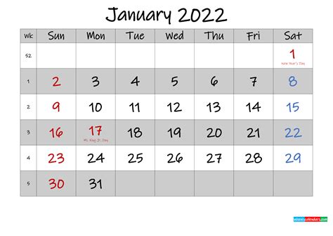 printable january  calendar  holidays template noinkm