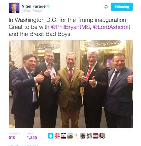 donald trump inauguration attended  brexit bad boys farage  banks uk news expresscouk