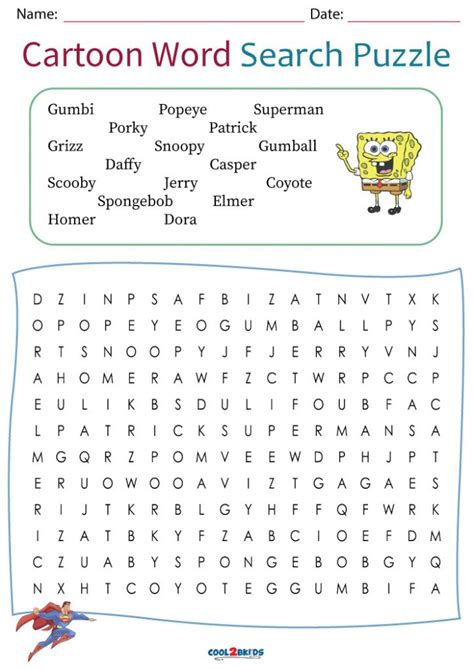 printable cartoon word search coolbkids