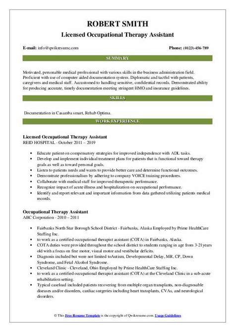 occupational therapy assistant resume samples qwikresume