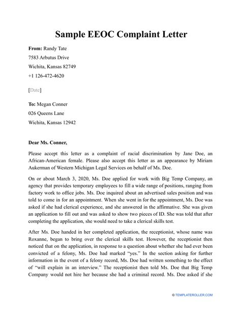 sample eeoc complaint letter  printable  templateroller