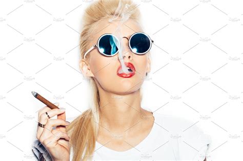 sexy blonde smoking cigar containing woman fashion and