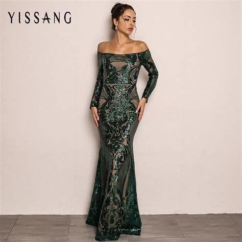Yissang Sequin Sexy Dress 2018 Autumn Slash Neck Off Shoulder Full