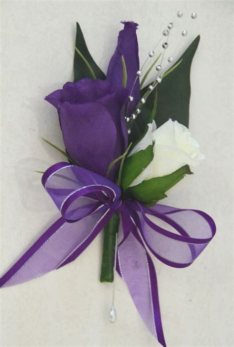 silk wedding flower bridal groom white rose purple