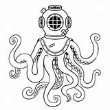 Octopus Coloring Helmet Vector Diver Old Illustration Adults Book Engraving Royalty sketch template