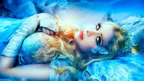 beautiful blue girl with blue eyes and red lips fantasy art desktop