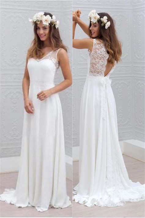 Chiffon Lace Wedding Dresses Open Back Beach Wedding