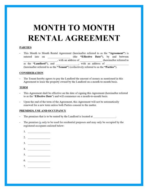 printable month  month room rental agreement form printable forms