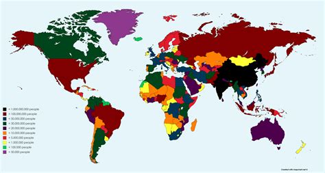 world map  colors showing countries   population    amount