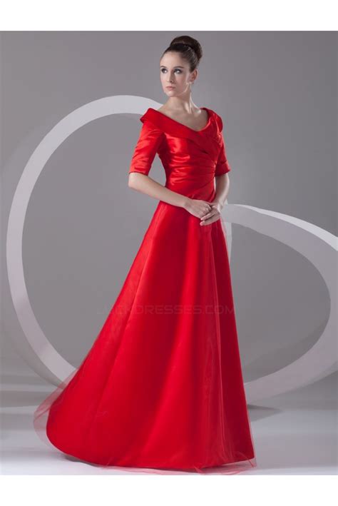 a line off the shoulder half sleeve long red mother of the bride