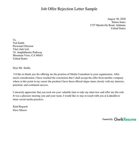 letter decline job offer    letter template collection