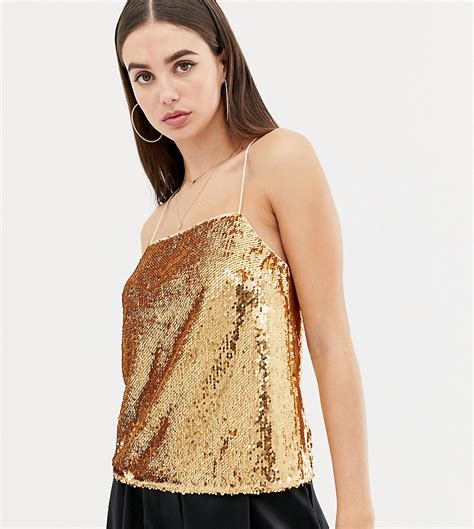 asos design tall cami met lovertjes en vierkante halslijn goud tall fashion