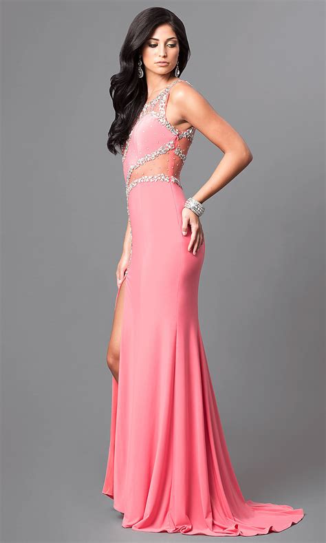 sleeveless coral pink long formal gown promgirl