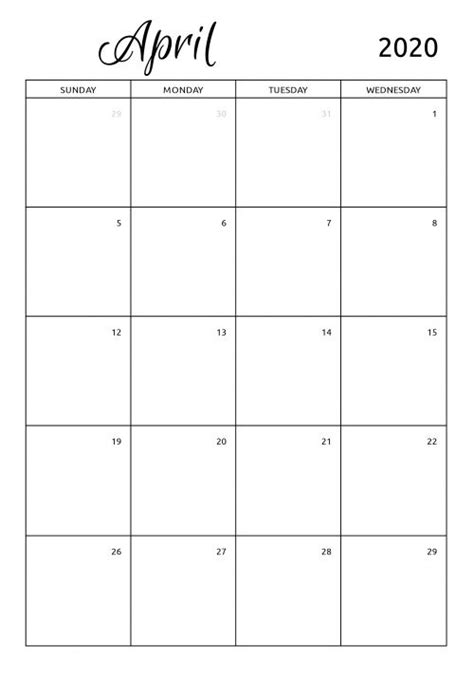 monthly april calendar template  printable