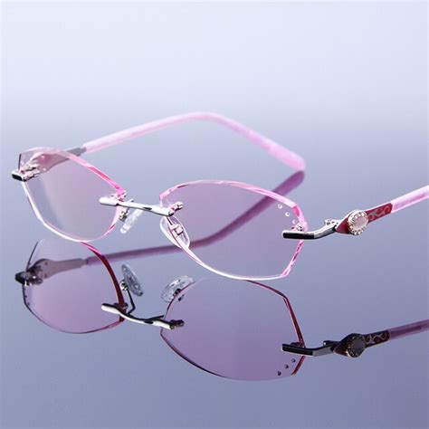 Elegant Women Rimless Reading Glasses Rhinestone Frame Pink Eyeglasses