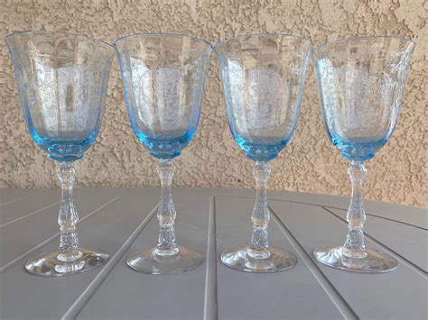 Fostoria Azure Blue Etched Navarre Water Goblets The Martini Club