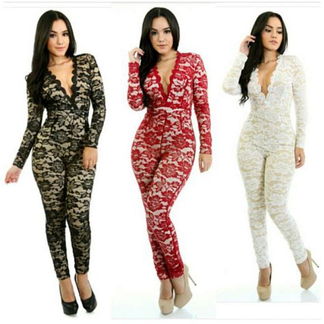 Black White Red Sexy Full Lace Jumpsuit Deep V Neck Long