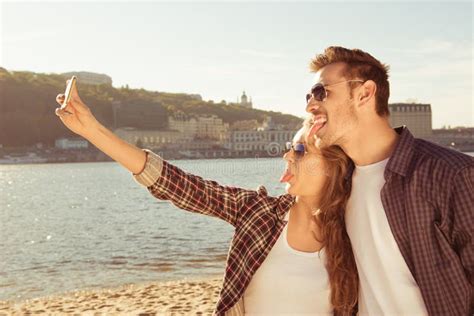 Couple In Love Making Selfie Photo At The Seaside Close Up Photo Stock