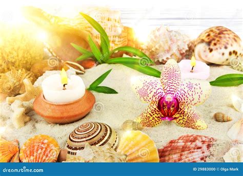 sunrise   beach spa concept stock photo image  flower candles