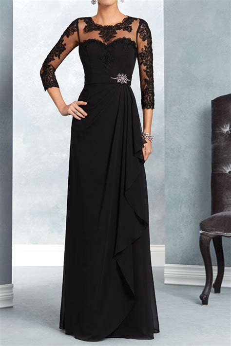 3 4 Length Sleeves Long Black Chiffon Lace Mother Of The Bride Dresses