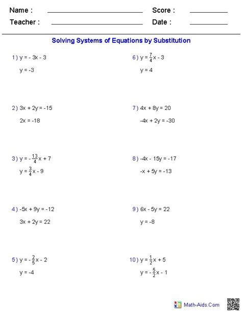 variable system  equations worksheet