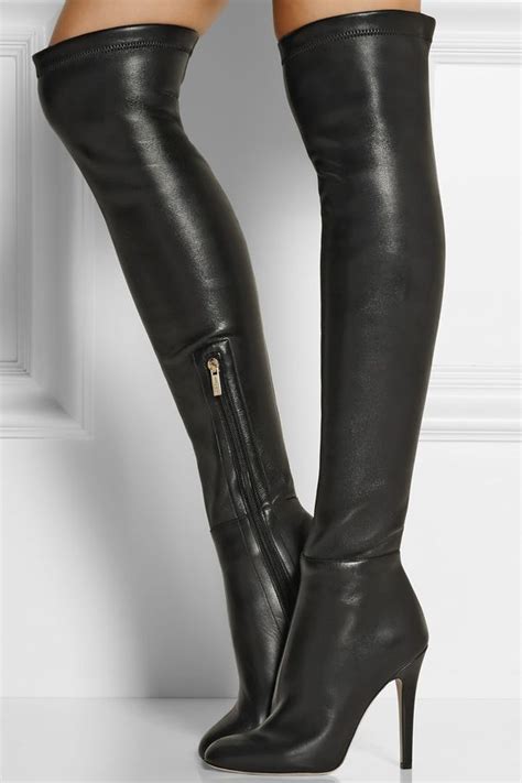 women chic black leather stiletto heels thigh high boots european
