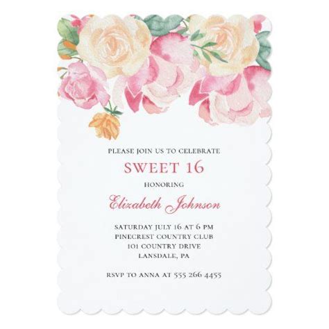 sweet 16 invitation pink flowers 16th birthday invitation