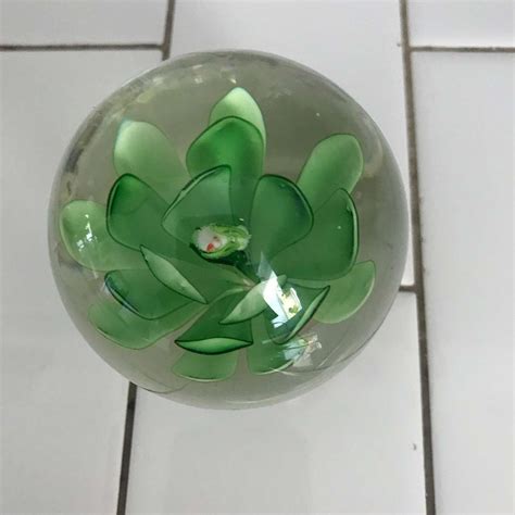 Vintage Glass Paperweight Green Flower With Bird Center On Pedestal