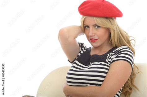 Beautiful Sexy Young French Woman Wearing A Red Beret Foto De Stock